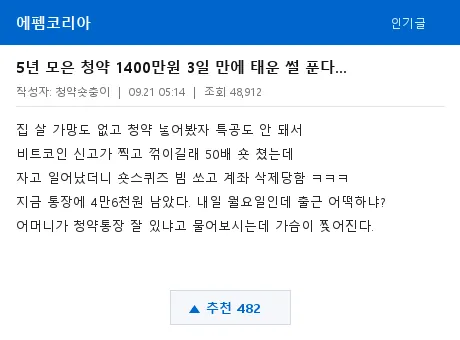 에펨코리아 청약 숏 청산 썰 캡처