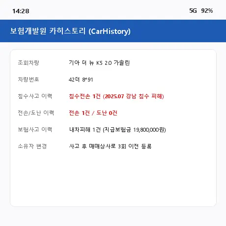 보험개발원 카히스토리 침수전손 사고이력 조회 캡처