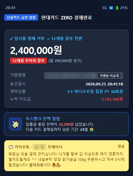 신용카드 12개월 할부 결제 및 잔액 알림 캡처 짤