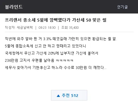 블라인드 프리랜서 종소세 가산세 폭탄 썰 캡처