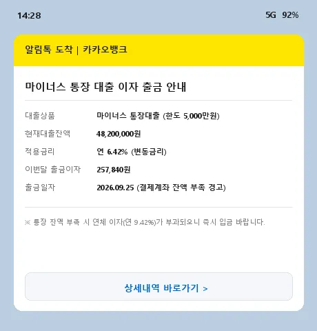 카카오뱅크 마이너스통장 이자 출금 알림톡 캡처