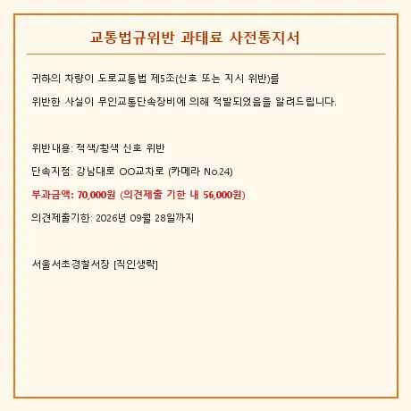 교통법규위반 과태료 사전통지서 실사 고지서
